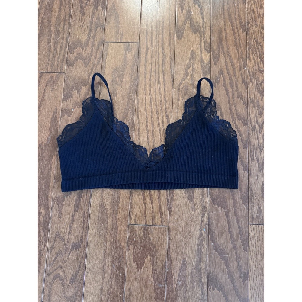 Intimately Free People Navy Blue Ribbed Lace Trim V-Neck Bralette Size M
